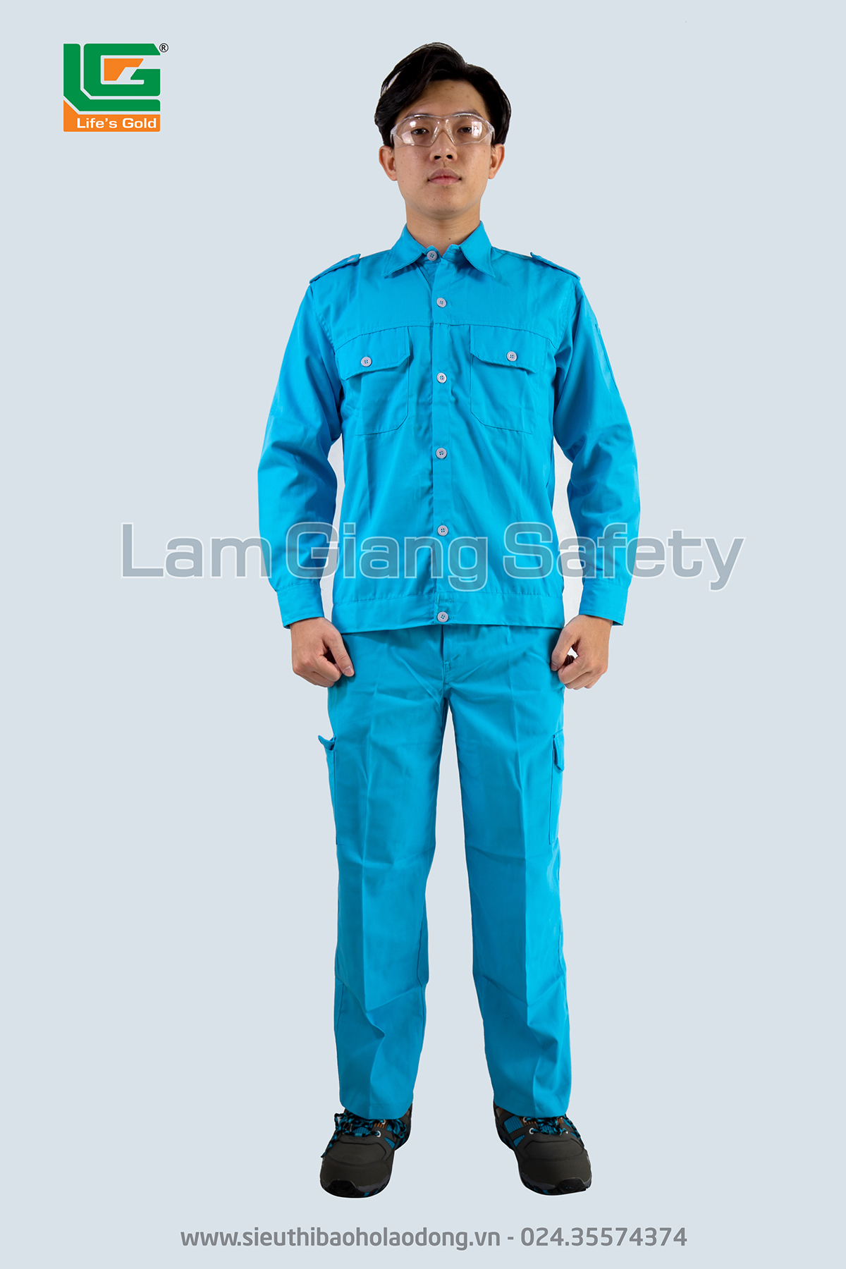 Quần áo bảo hộ màu xanh lơ vải kaki Hàn Quốc